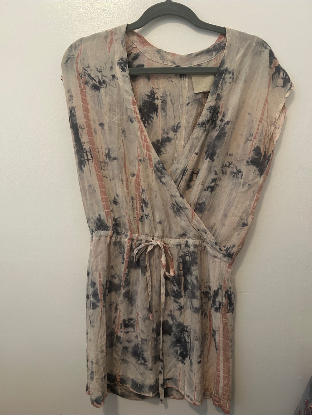 Chaser Beige Tie-Dye Wrap Mini Dress with Black and Dusty Pink Accents